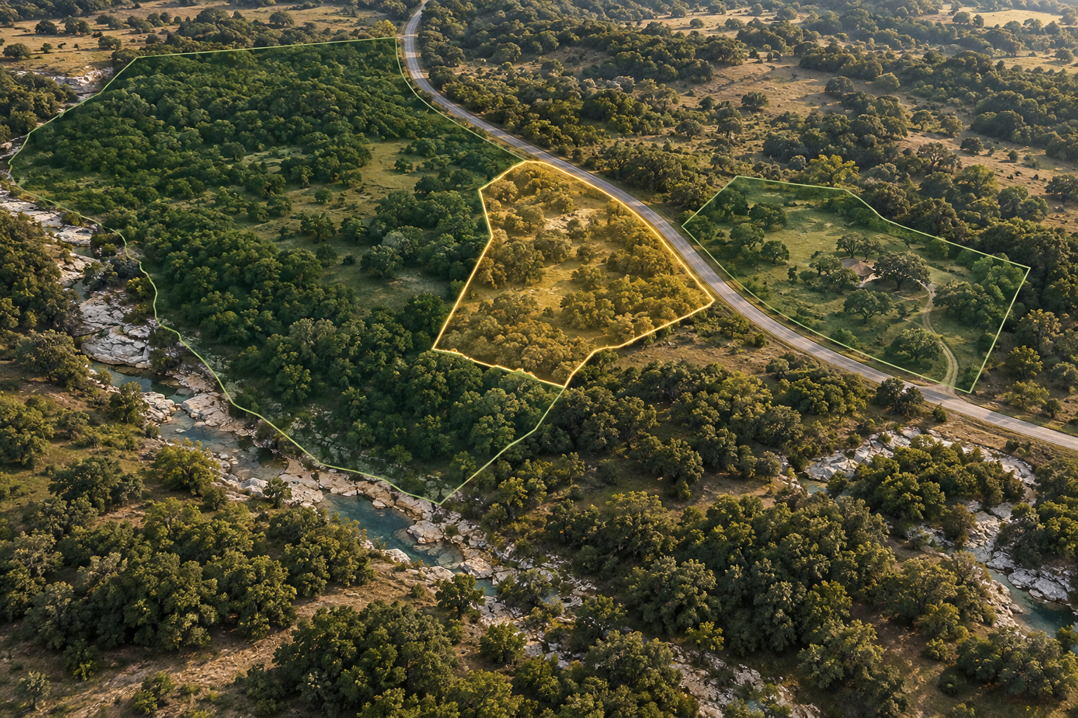 A conservation map-style view with a highlighted six-acre connector tract between wooded Hill Country parcels.